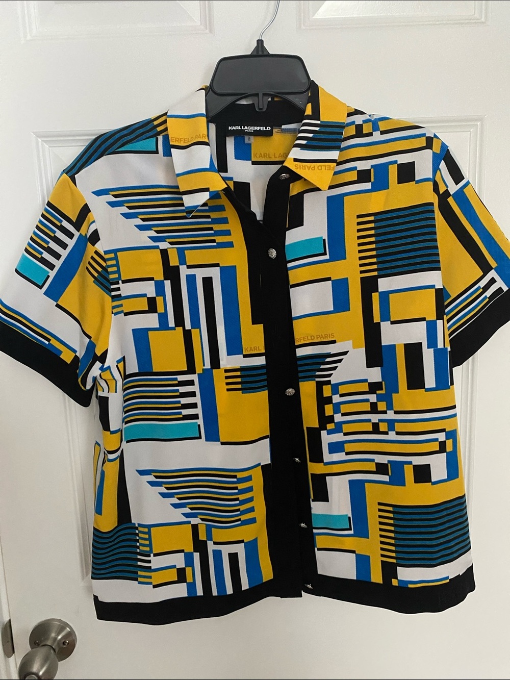 Karl Lagerfeld Geometric Short-Sleeve Button-Up Blouse in Yellow multi NWOT
